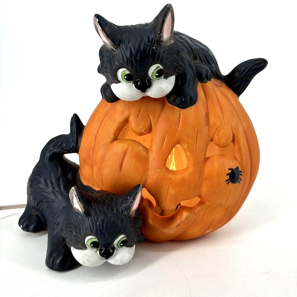 Vintage Lighted Ceramic‎ BLACK CATS On PUMPKIN Lantern HALLOWEEN Pottery Painted